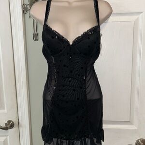 NWT Black Lingerie Set - Teddy & Thong Panty Sz Medium Sequins Tone on Tone Dots